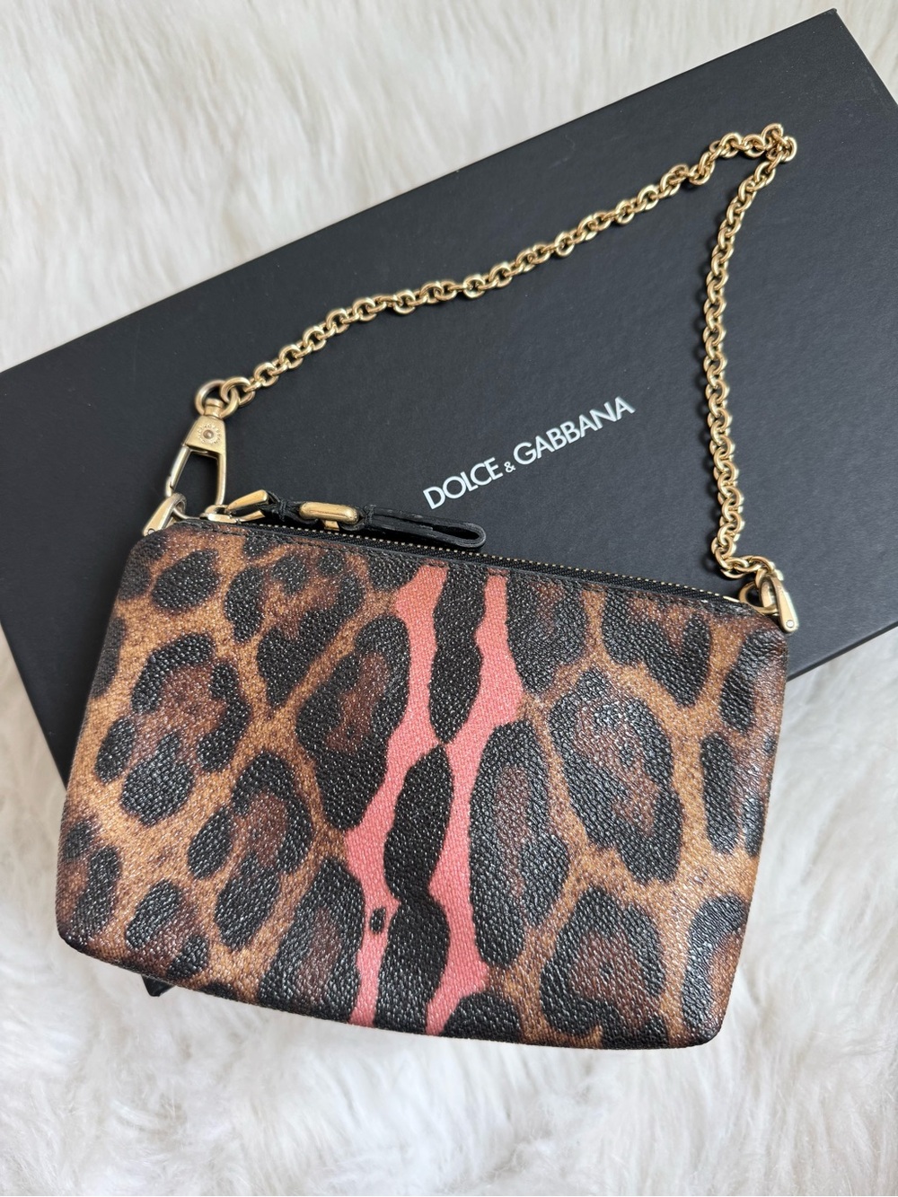 Dolce & Gabbana Leopard Print Chain Mini Pouch Bag in Brown and Pink